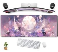 Tapis de souris de bureau à motif floral violet pastel kawaii sympa, grand tapis de souris pour jeux vidéo à motif pleine lune spirituelle, XL, tapis de bureau étendu pour ordinateur portable,