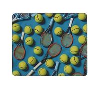 Tapis de souris de jeu amusant avec raquettes de tennis et balles de tennis imprimées, 20,3 x 19,3 cm, base en caoutchouc antidérapant, tapis de souris pour ordinateur portable avec bords cousus pour