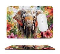 Tapis de Souris de Jeu avec Éléphant floral 30 x 25 cm, Rectangle Tapis de Clavier Antidérapant avec Bords Cousus pour la Maison et Le Bureau, Lavable en Machine, Déco Bureau, Gifts for Men n-355