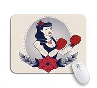 Tapis De Souris De Jeu Emblème De Pinup Boxing Girl Fleurs Tatouages Tapis De Souris Carré Avec Bord Cousu Bureau Tapis Souris, Pour Ordinateur Portable, Jeux, 25 x 30cm