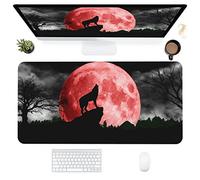 Tapis de souris de jeu étendu loup et lune rouge pour bureau et jeu, base antidérapante en caoutchouc avec bords cousus, 80 x 40 cm
