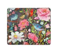 Tapis de souris de jeu imprimé jardin avec oiseaux et fleurs, 20,3 x 19,3 cm, base en caoutchouc antidérapant, tapis de souris pour ordinateur portable avec bords cousus pour joueur, bureau, maison