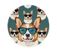 Tapis de souris de jeu imprimé lunettes et moustaches Corgi mignon 1 pièce, base en caoutchouc antidérapant rond pour ordinateur portable, gamer, bureau, maison