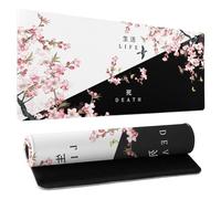 Tapis de souris de jeu Kawaii XL en noir et blanc, grand tapis de souris avec motif japonais de cerisiers en fleurs, base en caoutchouc antidérapant longue et rose sakura, 80 x 30 cm