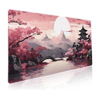 Tapis de souris de jeu Sakura japonais rose, taille XXL, tour de cerisier en fleurs, paysage de montagne, grand sous-main étendu, base en caoutchouc antidérapant, bords cousus, pour joueur