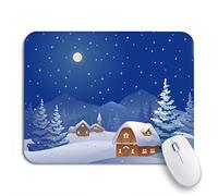 Tapis De Souris De Jeu Scène Bleue du Village Nocturne d'hiver dans Les Montagnes Bureau Tapis Souris Base en Caoutchouc Antidérapante Tapis De Souris Carré, pour Maison, 25 x 30cm