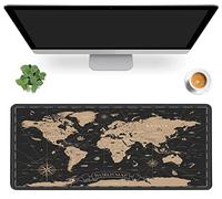 Tapis de souris de jeu vintage avec base en caoutchouc antidérapant avec bords cousus, imperméable et motif carte du monde noir, doré, 90 x 40 cm