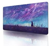 Tapis de souris de jeu violet XL - Joli sous-main de bureau - Tapis de clavier - Motif chat kawaii - Tapis de souris bleu - Décoration de bureau avec bords cousus - Grand tapis d'ordinateur