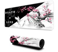 Tapis de souris de jeu XL, 800 × 300 × 3 mm Tapis de souris Bords cousus Tapis de souris Long antidérapant en caoutchouc noir et blanc, Sous-main de bureau Améliore la précision (Fleur de cerisier-1)