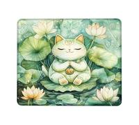 Tapis de souris de méditation, chat vert nénuphar, motif floral aquarelle avec bords cousus, antidérapant, lavable, pour la maison et le bureau, cadeau carré, 20,3 x 25,4 cm