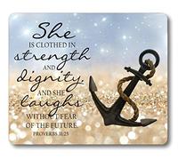 Tapis de souris en caoutchouc antidérapant avec citations bibliques sur la force, ancre, verset de la Bible Proverbes 31:25 « She is Clothed in Strength and Dignity and She Laughs Without Fear of The