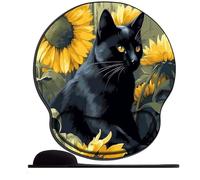 Tapis de souris ergonomique avec support de poignet, motif chat noir et tournesol (1) tapis de souris ergonomique en gel de silicone avec base antidérapante en polyuréthane pour ordinateur, ordinateur