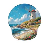 Tapis de Souris Ergonomique, Tapis de Souris Gaming avec Repose-Poignet en Mousse à Mémoire de Forme, Non-slip Surface, Mouse Mat avec Base en PU Antidérapant (Moulin À Vent & Océan, 25*22.6cm) 6H-453