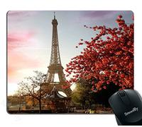 Tapis de souris France Paris Matin Printemps avec Tour Eiffel, Paysage urbain Fleur Rouge Personnalité Dessins Tapis de souris Gaming