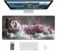 Tapis de Souris Gaming Blanc, Tapis de Souris XXL 700x300x3mm, Tapis de Bureau avec Bords Cousus, Mouse Pad Améliorer Précision et Vitesse, Accessoire Bureau et Gaming Accessoire Cadeau, Tigre C-1497