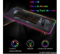 Tapis de souris Gaming - LED RGB - Carte du monde - 800x300mm - Surface ultra lisse - Antidérapant