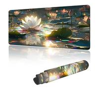 Tapis de Souris Gaming XXL 800 x 400 mm, Tapis de Souris à Motif Blanc Lotus,avec Bords Cousus, Base Antidérapante en Caoutchouc, Surface Imperméable, Grand sous Main pour PC Portable & Maison G-g176
