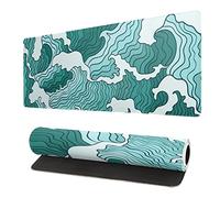 Tapis de souris japonais avec motif vague verte et blanche étendue de 80 x 30 cm avec base en caoutchouc antidérapant et bords cousus pour jeux et bureau