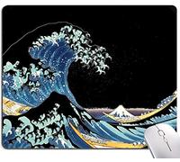 Tapis de souris japonais motif vagues de mer, tapis de souris carré imperméable et antidérapant avec base en caoutchouc