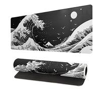 Tapis de souris japonais noir vague de mer - Tapis de souris de jeu abstrait noir 80 x 30 cm avec base en caoutchouc antidérapant, grand tapis de souris à bords cousus pour clavier, tapis de souris