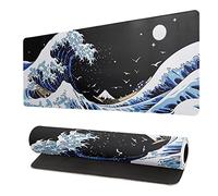 Tapis de souris japonais ondulé bleu abstrait 80 x 39 cm - Texture vague de mer - Base en caoutchouc antidérapante - Bleu et noir - Bords cousus - Pour clavier et jeu