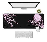 Tapis de souris japonais Sakura fleur de cerisier noir XL, grand tapis de souris Kawaii rose noir, tapis de souris motif lune floral, long grand tapis de souris de bureau, accessoires décoratifs en