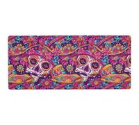 Tapis de souris mexicain des morts colorés avec tête de mort et fleurs - Antidérapant - 80 x 30 cm