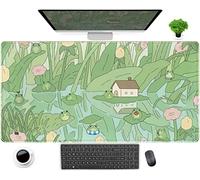 Tapis de souris mignon vert avec plantes japonaises dessin animé, grenouille de dessin animé, tapis de souris kawaii XXL grand tapis de souris de jeu étendu esthétique, tapis de souris d'ordinateur