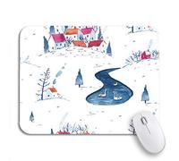 Tapis De Souris Motif Aquarelle Rouge D'Hiver Petites Villes Fermes Maisons Collines Tapis De Souris Carré Résistant À Usure Tapis Souris, Pour Maison, Ordinateur Portable, 25 x 30cm