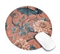 Tapis de souris motif botanique automnal, motif fleur de corail vintage et chauve-souris, bords cousus, tapis de souris en caoutchouc antidérapant, lavable, pour la maison, le bureau, les jeux, rond