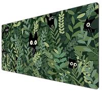 Tapis de souris motif chat kawaii XL - 80 x 40 cm - Tapis de souris avec motif chat noir et plante verte - Tapis de souris esthétique étendu pour bureau, enfant et fille avec bords cousus -
