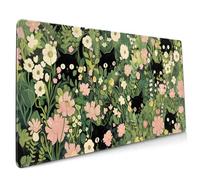 Tapis de souris motif chat mignon XXL 90 x 40 cm Rose Vert Kawaii Esthétique Art Fleur Grand tapis de souris de jeu Tapis de bureau Base en caoutchouc antidérapant Bords cousus pour la maison et le