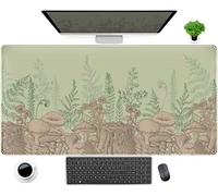 Tapis de souris motif feuilles vertes - Motif champignon - Beige - Taille XXL - 80 x 40 cm - Pour ordinateur portable - Pour femme et fille