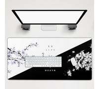 Tapis de souris noir blanc à motifs de cerisiers japonais sakura - Fleurs de la vie et de la mort - Tapis de bureau grand format XL de 100 x 50 cm avec base en caoutchouc antidérapante et bords cousus