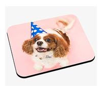 Tapis de Souris Petit Chien Cavalier King Charles Blanc et Roux avec Chapeau de Fête Bleu Mignon Animaux