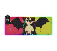 Tapis de souris pour ordinateur de bureau Motif chien mignon Halloween avec ailes de chauve-souris Memphis coloré chargement filaire lumineux Grand bureau 89,9 x 40,9 cm