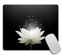 Tapis de souris pour souris sans fil - Motif floral - Blanc - Fleur de lotus sur fond noir - Base en caoutchouc antidérapante - Pour souris sans fil - 24 x 20 x 0,3 cm