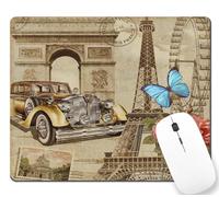 Tapis de souris rectangulaire avec motif carte postale rétro avec voiture rétro et tour Eiffel, tapis de souris rectangulaire avec motifs, tapis de souris antidérapant en caoutchouc lisse pour