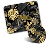 Tapis de souris rectangulaire et sous-verre rond - Motif feuilles tropicales dorées et noires - 20 cm et 9 cm - Pour ordinateur et ordinateur portable, bureau, cadeau, base antidérapante #24546