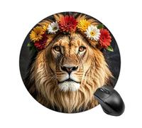 Tapis de souris rond amusant en caoutchouc antidérapant pour ordinateur portable Motif lion africain portant une fleur sur la tête 19 x 20 cm pour bureau et maison