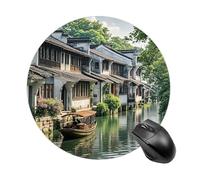 Tapis de souris rond antidérapant et imperméable avec base en caoutchouc, motif villes aquatiques de Jiangnan, idéal pour le travail, le bureau, la maison, les jeux, les ordinateurs portables, pour ho