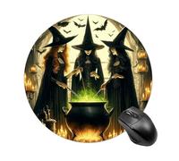 Tapis de souris rond avec base en caoutchouc antidérapant et motif sorcière d'Halloween - Tapis de souris de jeu rond - Esthétique - Petit tapis de souris portable pour ordinateur portable