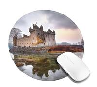 Tapis de souris rond avec base en caoutchouc antidérapant - Motif château près du lac et pierres avec bords cousus - Pour souris sans fil, ordinateur portable, bureau à domicile - 20,3 cm