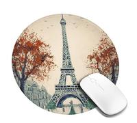 Tapis de souris rond avec base en caoutchouc antidérapant Motif Paris City Tree Tour Eiffel Art Tapis de souris avec bords cousus pour souris sans fil, ordinateur portable, bureau à domicile