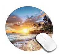 Tapis de souris rond avec base en caoutchouc antidérapant, motif plage, coucher de soleil, paysage, avec bords cousus pour souris sans fil, ordinateur portable, bureau à domicile, 20,3 cm