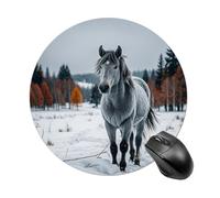 Tapis de souris rond avec motif cheval gris dans un paysage d'hiver enneigé - Tapis de souris de jeu lisse - Extra dense - Portable et confortable - Pour bureau, maison, bureau - 20 x 20 cm