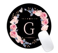 Tapis de souris rond avec motif de fleurs noires et roses, motif lettre G, petit format, amusant, avec base en caoutchouc antid rapante, accessoi