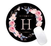 Tapis de souris rond avec motif de fleurs noires et roses, motif lettre H, petit format, amusant, avec base en caoutchouc antid rapante, d corati