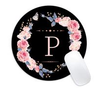Tapis de souris rond avec motif de fleurs noires et roses, motif lettre P, petit format, amusant, avec base en caoutchouc antid rapante, d corati