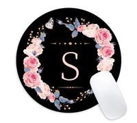 Tapis de souris rond avec motif de fleurs noires et roses, motif lettre S, petit format, amusant, avec base en caoutchouc antid rapante, accessoi